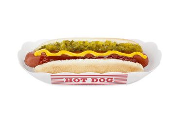 hot dog sandwich in paper tray