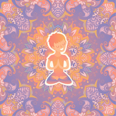 Obraz premium Little boy in the lotus position on the mat for yoga. Vector pastel color illustration on the mandala background. The design concept of yoga, relax, happiness, meditation, indian, family yoga