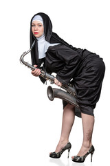 Nun with a saxophone