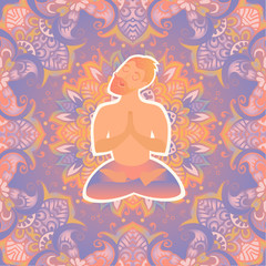 Mustached bearded man in the lotus position on the mat for yoga.  Vector pastel color illustration on the mandala background. The design concept of yoga, relax, happiness, meditation, indian