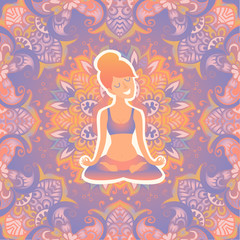Fototapeta na wymiar Beautiful girl in the lotus position on the mat for yoga. Vector pastel color illustration on the mandala background. The design concept of yoga, relax, happiness, meditation, indian