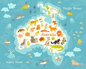 Animals world map, Australia. Vector illustration, preschool, baby, continents, oceans, education, drawn, Earth