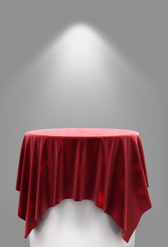 3d rendering of red velor cloth on a round pedestal on a gray ba