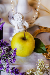 apple still life, baroque, vintage, antiques, art, sculpture, pearls, drapery