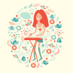 Girl playing on a synthesizer, vector poster on pattern background