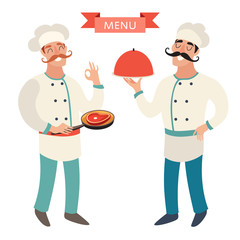Chef menu. The first cartoon mustache chef prepares steak. In his hands, a pan and a sign okay in the other hand. Second chef with dish. Vector illustration, menu background