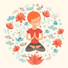 Little boy in the lotus position with lotus flower. Isolated illustration on the white background. The design concept of yoga, fitness, relax, happiness, meditation