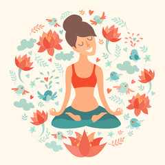 Beautiful girl in the lotus position on the circle background with lotus, bird, cloud. heart, leaf on ivory color. The design concept of yoga, fitness, relax, happiness, meditation