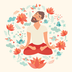 Mustached bearded man in the lotus position on the circle background with lotus, bird, cloud, heart, leaf on ivory color. The design concept of yoga, fitness, relax, happiness, meditation