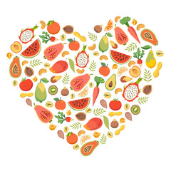 Heart of fruit and vegetables. Isolated design concept on the white background.  Vector illustration, poster, world vegan day, healthy food.