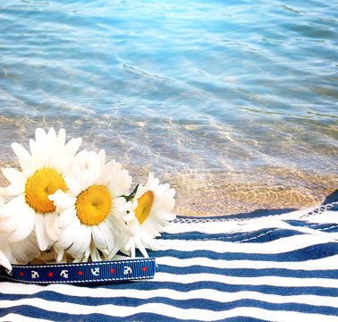 Fototapeta Summer sea background daisy striped marine  vest