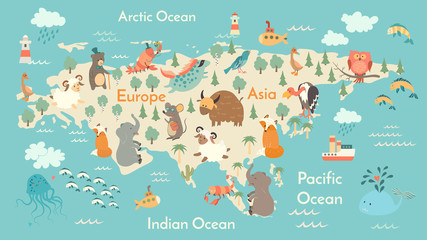 Animals world map, Eurasia. Vector illustration, preschool, baby, continents, oceans, drawn, Earth.