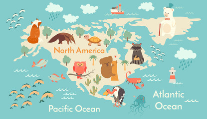 Animals world map, North America. Vector illustration, preschool, baby, continents, oceans, drawn, Earth.