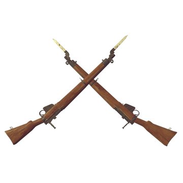 old rifles 3D illustration. cross weapons. icon guns. cracked wood barrel. bayonet knife with blood. white background
