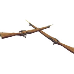 old rifles 3D illustration. cross weapons. icon guns. cracked wood barrel. bayonet knife with blood. white background