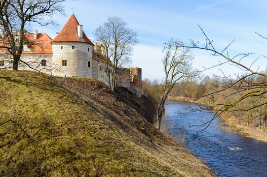Old medieval castle near river in Bauska town, Latvia