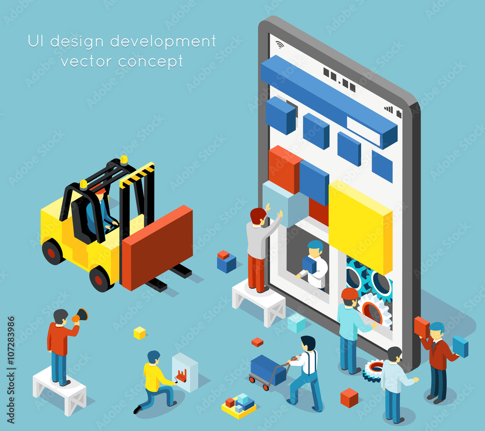 Poster smartphone ui design development vector concept in flat 3d isometric style