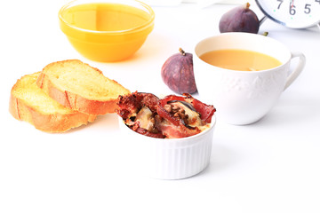 Breakfast grilled figs cheese bacon walnut toast honey orange juice