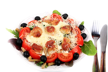homemade chicken Caesar salad black olives cheese lettuce tomato croutons isolated on white background