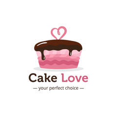 Vector cute shiny pink cake logo with chocolate and heart on the top. Wedding cake store logo. Sweets shop logo.