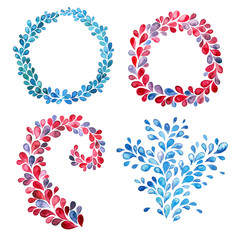 Frame of watercolor drops set, red and blue colors. Twirl of watercolor drops.