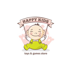 Vector cute baby logo in sketch style. Toys and games store doodle logo in tender colors with little castle on the background