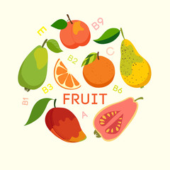 Healthy food, fruits, cellulose, vitamins. Vector illustration