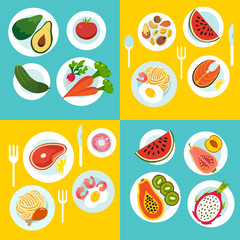 Healthy food set, vegetables, fruit, meal on the table. Cartoon flat style. Vector illustration