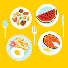 Healthy food on the table. Cartoon flat style. Vector illustration