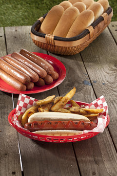 hotdog sandwich and potato wedges