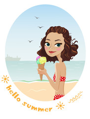 Cute girl with ice-cream. Hello summer - Illustration