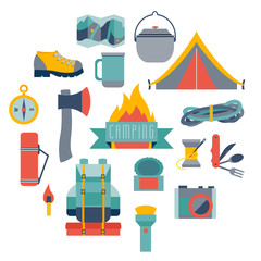 Hikingand camping equipment, icon vector set.