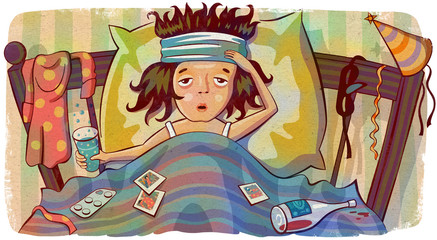 Woman with hangover lying in bed after party. Young woman with a headache holding a glass of water. Creative illustration.