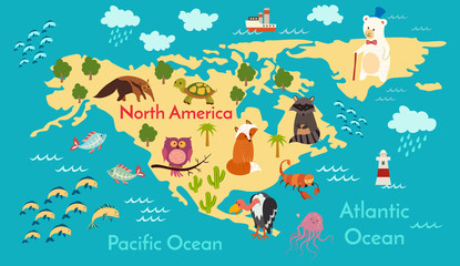 Animals world map, North America. Vector illustration, preschool, baby, continents, oceans, drawn, Earth.