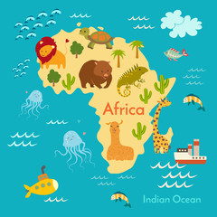 Animals world map, Africa. Vector illustration, preschool, baby, continents, oceans, drawn, Earth.
