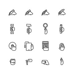 Sixteen flat style black outline computer icons isolated on whit