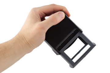 Stamp in businessman hand isolated on white, clipping path