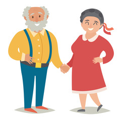 Fat old people. Plus size old people. Happy fat couple, man and women. Flat vector illustration. Cartoon characters on isolated background