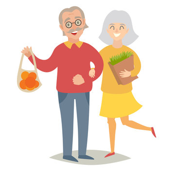 Vegetarians old people. Happy senior people, man and women. Flat vector illustration. Cartoon characters on isolated background