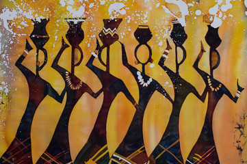 Dancing women with jars on heads, fragment, hot batik, background texture, handmade on silk, abstract surrealism art - 107286924