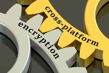 Cross-platform Encryption concept on the gearwheels, 3D renderin