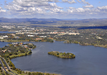 aerial view of Canberra towards the Burley Griffin lake, Australia seen from the Black Mountain Tower  toward the Burley Griffin Lake