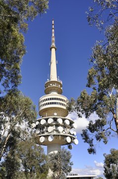 partial view of the Black Mountain Tower, Canberra;  viewed through a bunch of trees