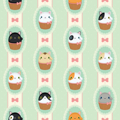 Cute cats in laced frames. Vector retro pattern polka dots and stripes.
