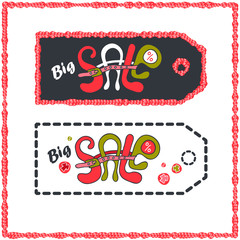 Sale text, drawing frame and strap, two labels on different backgrounds
