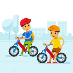Fototapeta premium Vector illustration children riding bicycle in park city. Happy cartoon children with balance bike riding bicycle on the background of the city. Bicycle balance bike flat style.