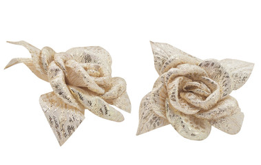 Isolated photo of fabric golden roses on white background front & side view.