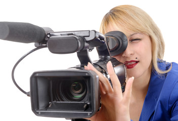 Naklejka premium beautiful young woman with blue suit and professional video came
