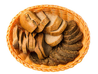 Slices bread in orange basket isolated on white background