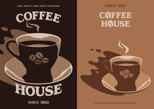 Coffee House vector poster banner flyer brochure cover design with cup and saucer